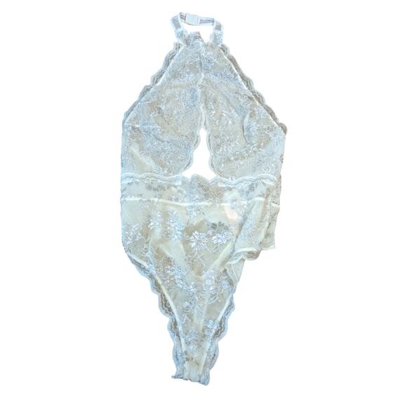 Victoria's Secret Tops - Victoria's Secret Silver Metallic Floral Lace Halter Plunging Bodysuit SZ M